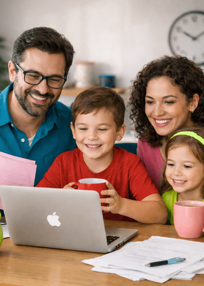 Familia feliz compartiendo en casa