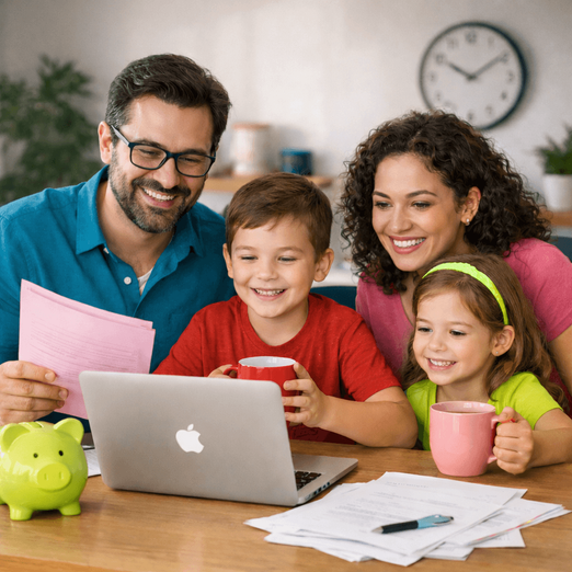 Familia feliz aprendiendo sobre finanzas