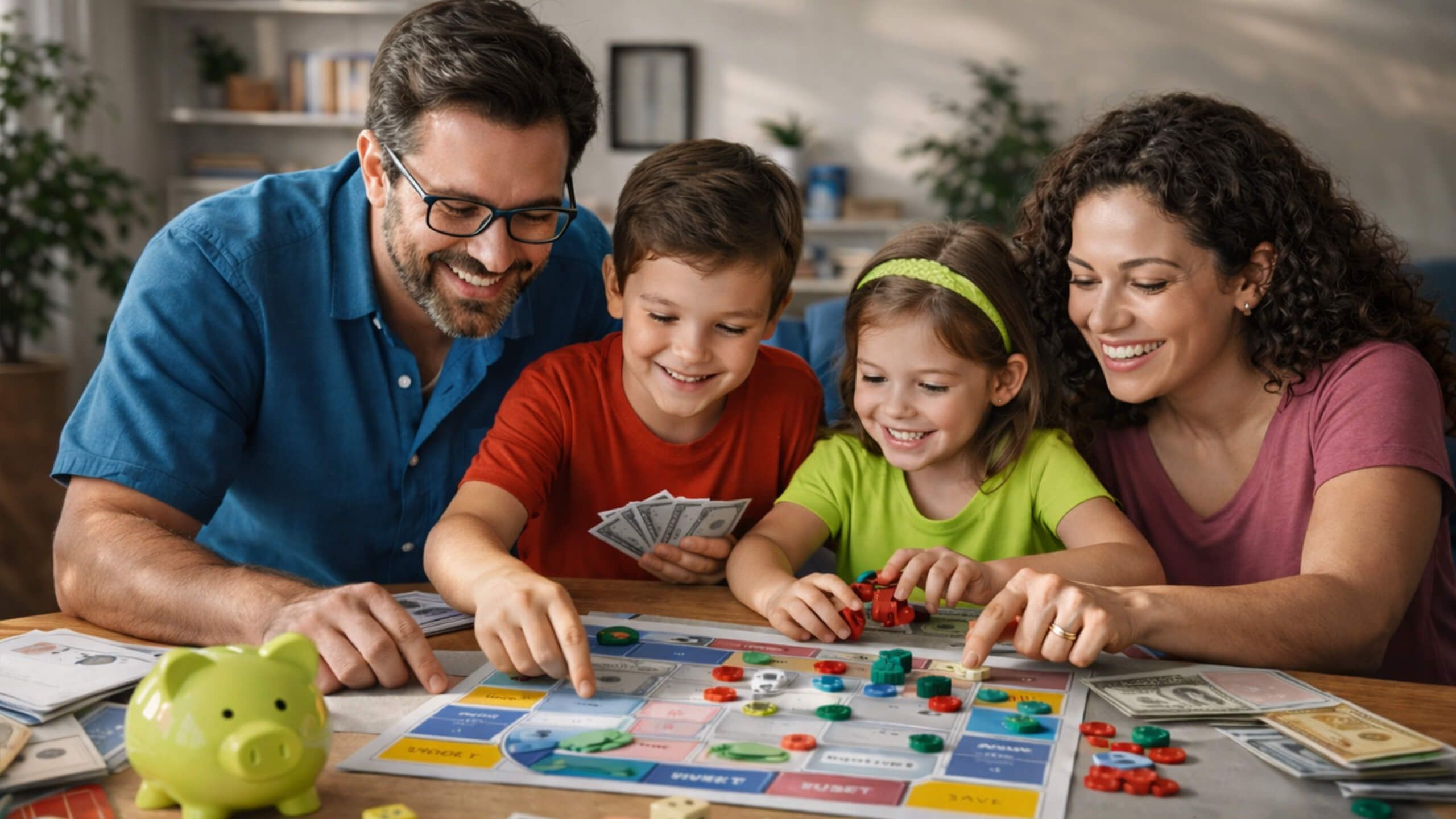 Familia en mesa de juego aprendiendo juntos